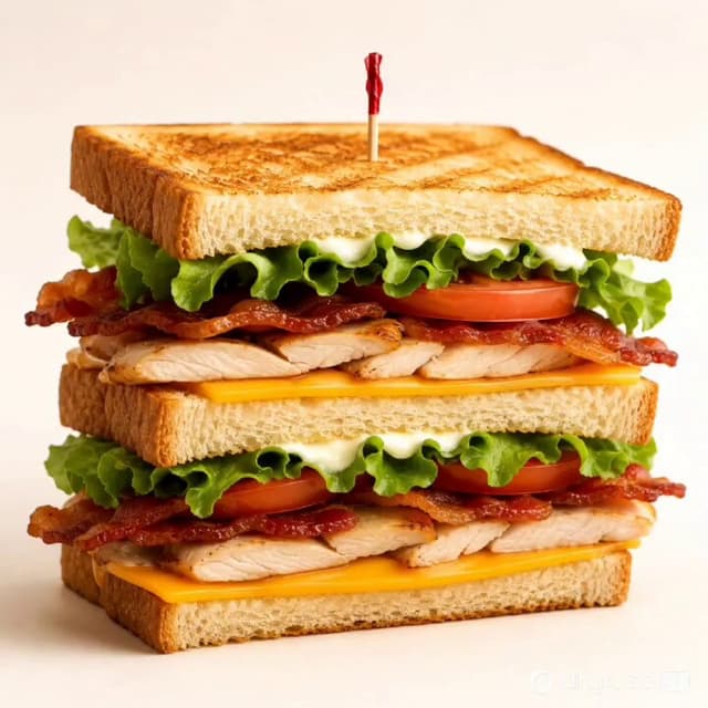 Kling Prompt - A premium café product photograph of a gourmet club sandwich