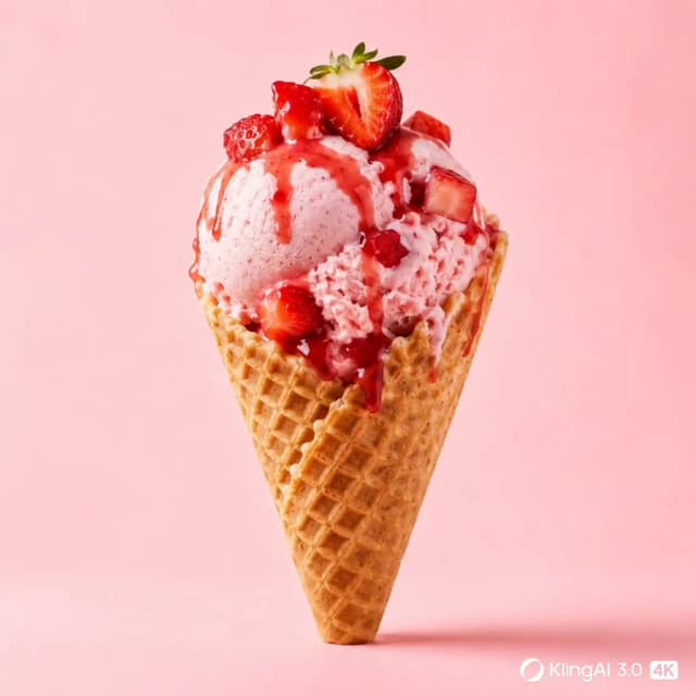 Kling Prompt - A premium dessert product photograph of a strawberry ice cre