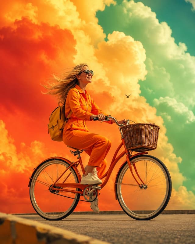 Nano Banana Prompt - Wide surreal art photograph, woman on vintage bicycle riding