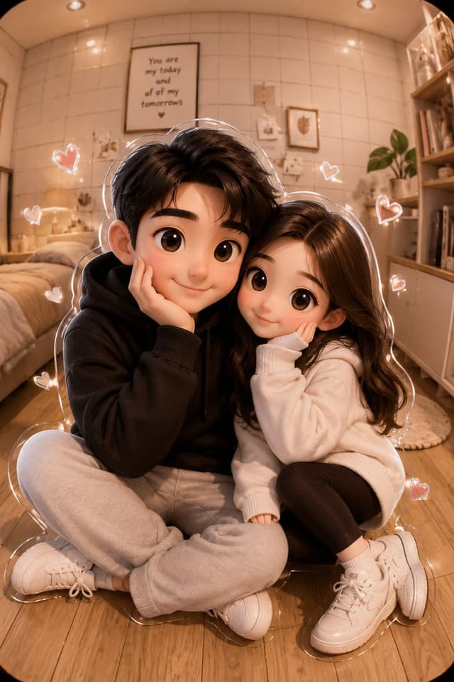 GPT Image Prompt - Make A cute 3D cartoon couple portrait in a cozy room. Both