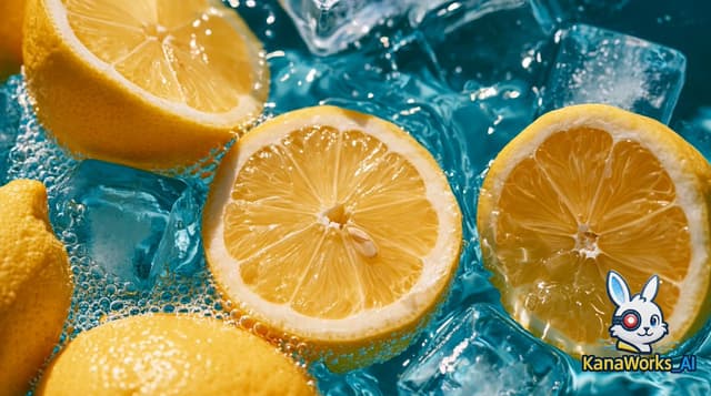 Kling Prompt - fresh lemon slices and whole lemons floating in crystal-clea