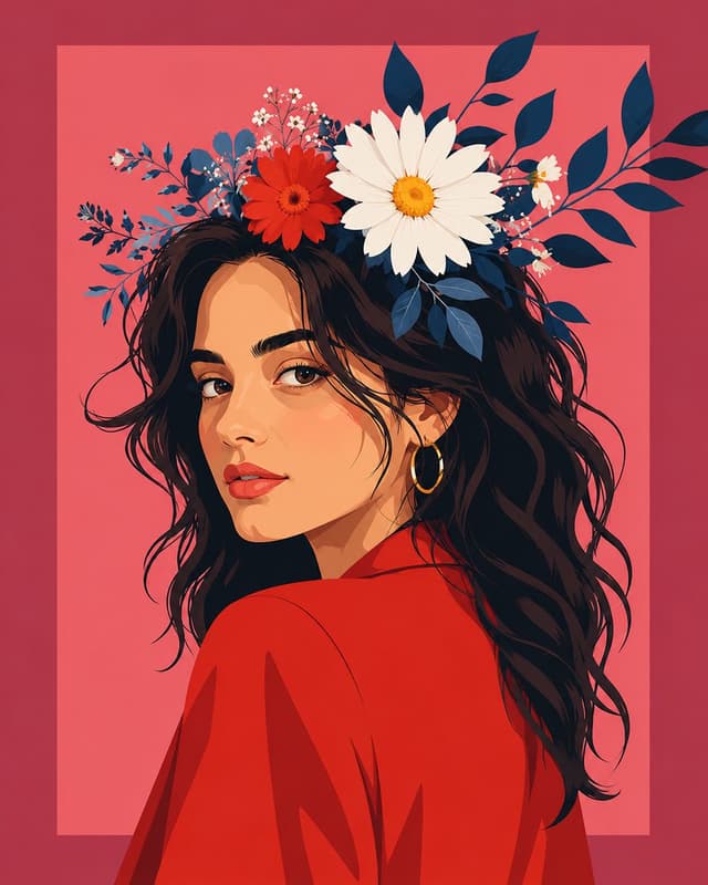 GPT Image Prompt - Wide flat vector illustration poster, woman with floral crow