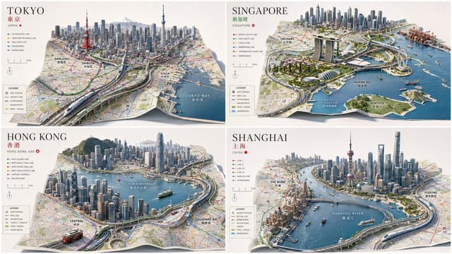 Other Prompt - 2x2 grid, 16:9, do this for 4 famous asian cities: input ::=