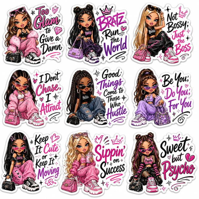 GPT Image Prompt - A premium sticker sheet featuring 9 Bratz-inspired fashion d
