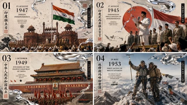 Midjourney Prompt - 2x2 grid, do this for 4 famous days in Asia's history, 16:9