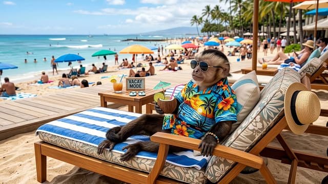 Gemini Omni Prompt - A capuchin monkey wearing sunglasses and a Hawaiian shirt, r