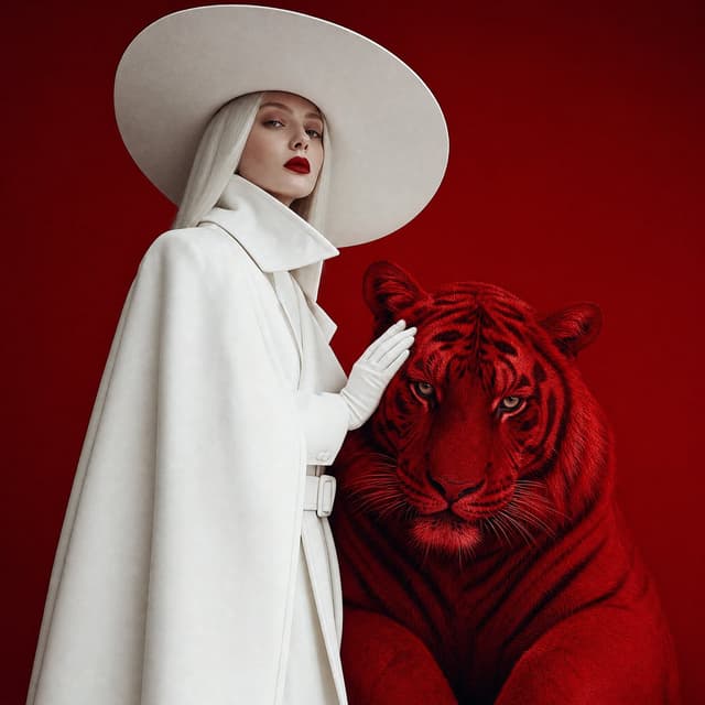 GPT Image Prompt - Surreal fashion editorial portrait, woman in full white wide