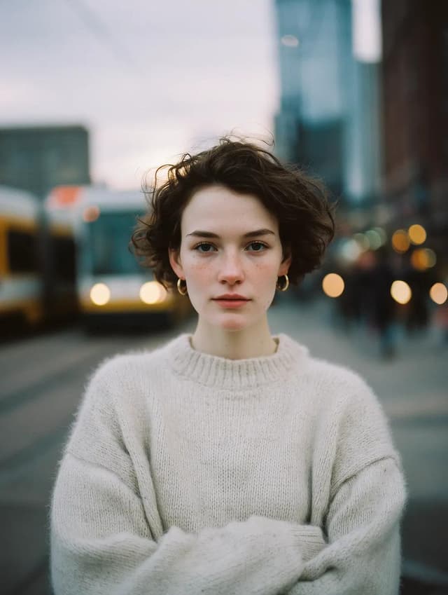 GPT Image Prompt - Cinematic, intimate portrait of a young woman with short dar