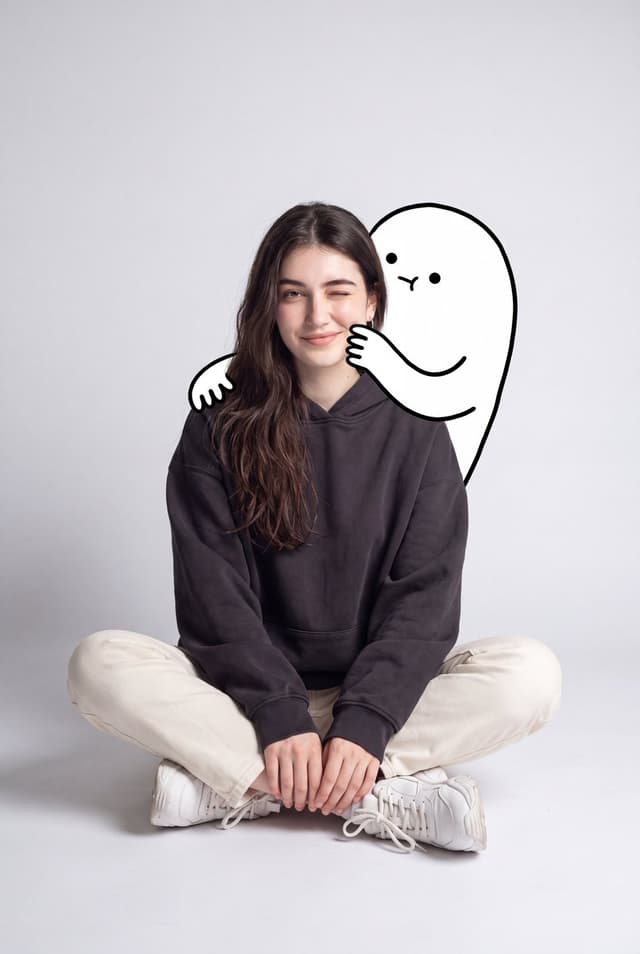 Nano Banana Prompt - A cute minimalist portrait of a young woman sitting casually