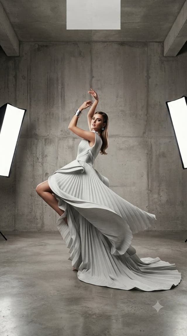 Nano Banana Prompt - A professional studio fashion editorial featuring a model po