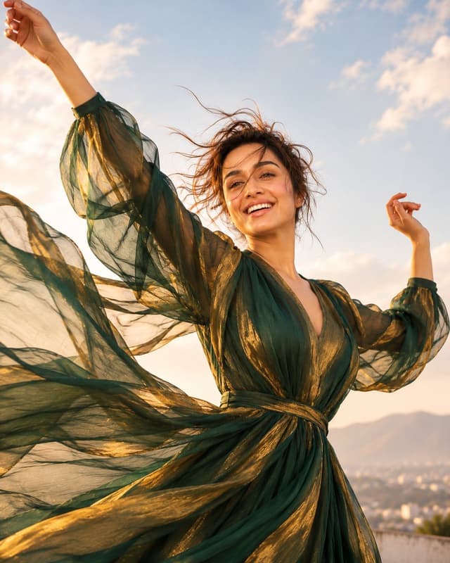 GPT Image Prompt - Wide editorial lifestyle shot, young woman in sheer emerald