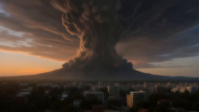 Veo Prompt - Massive volcanic eruption destroying a coastal town at dawn,