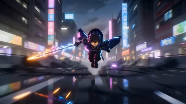 Veo Prompt - Epic anime-style action sequence, determined young hero with