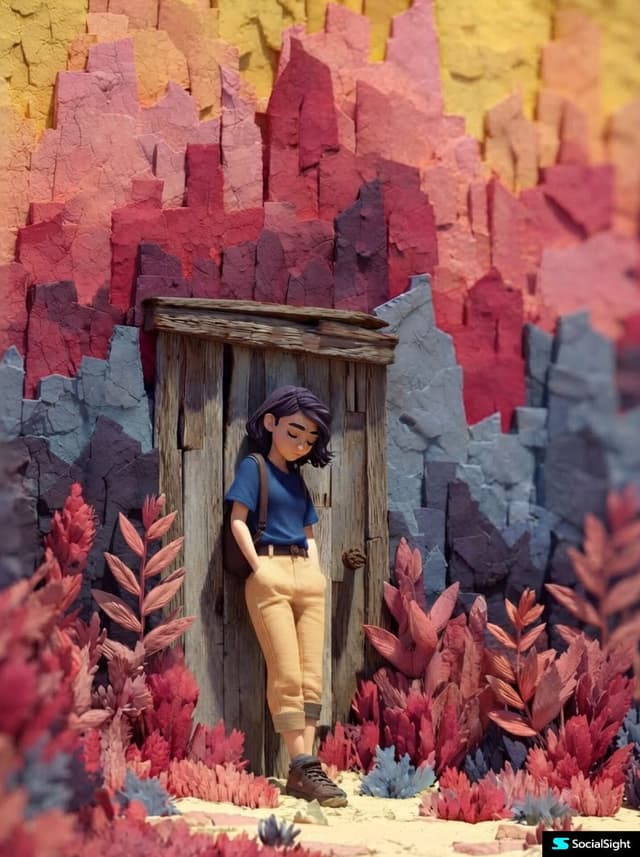 Nano Banana Prompt - 1.. A stylized 3D animated young woman leaning against a tex