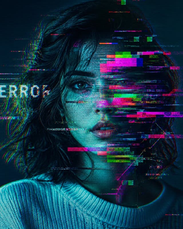 GPT Image Prompt - Extreme close-up glitch art portrait, tight crop on upper fa