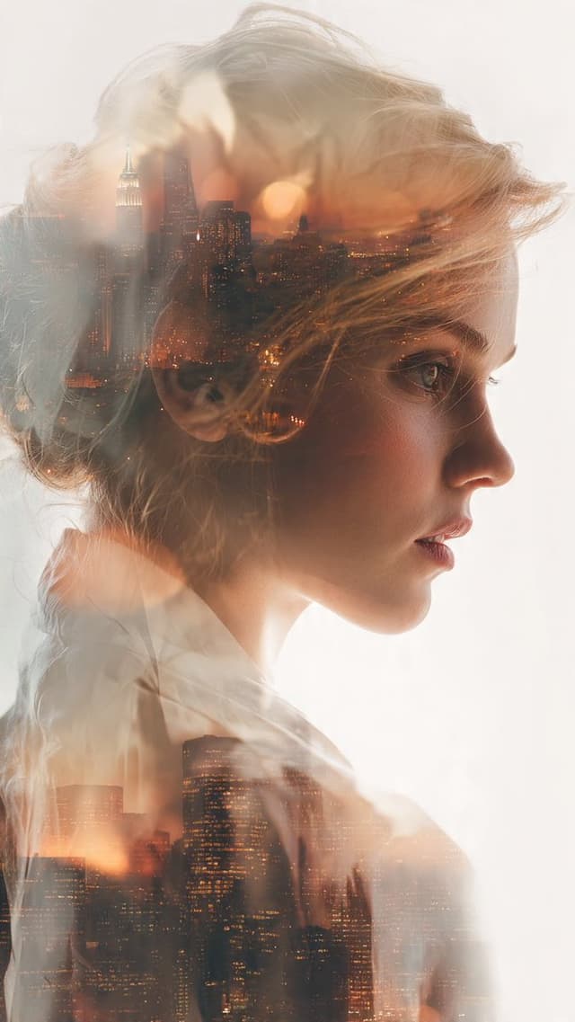 Nano Banana Prompt - A conceptual double-exposure photograph seamlessly blends a