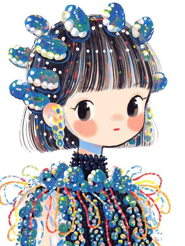 GPT Image Prompt - A whimsical fashion illustration of a cute doll-like girl wi