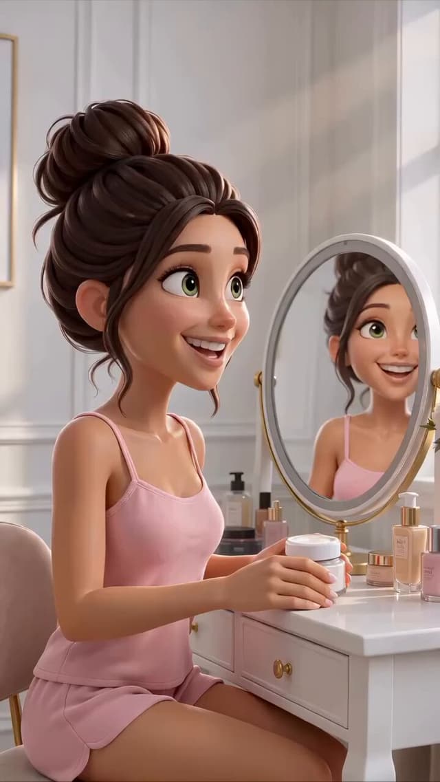 Seedance Prompt - A 3D Pixar-style animated young woman with brown hair tied i