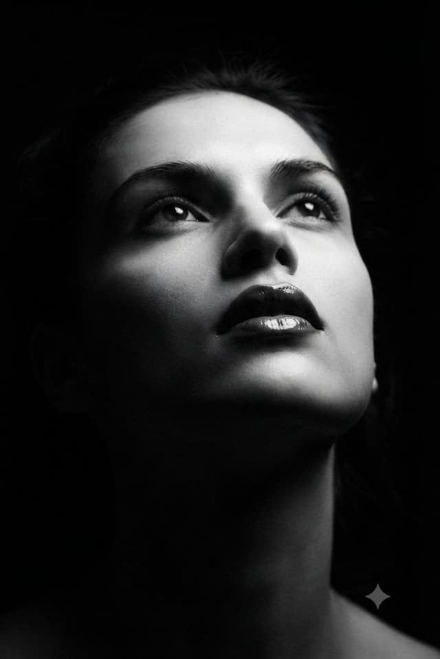 Nano Banana Prompt - A stunning black-and-white portrait of a woman looking upwar