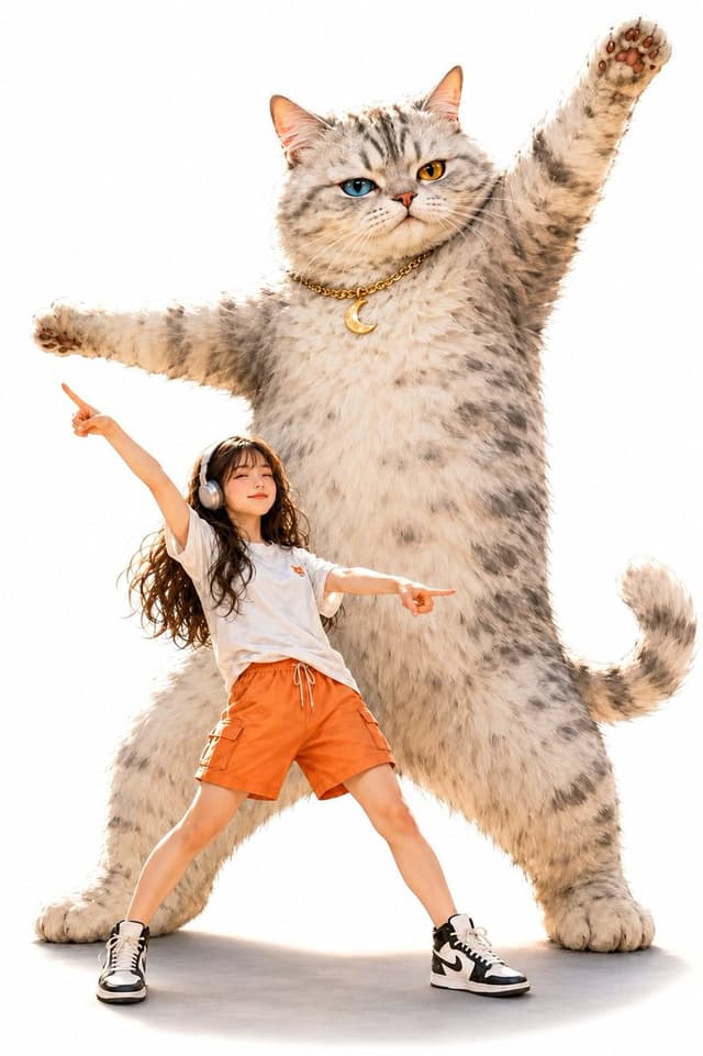 GPT Image Prompt - A dynamic image featuring a giant anthropomorphic cat based