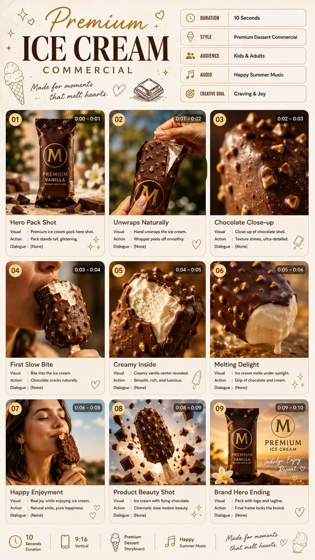 Gemini Omni Prompt - TITLE:
Premium Ice Cream Commercial

FORMAT:
• Premium desse