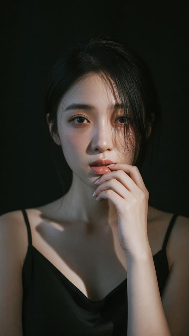 Grok Imagine Prompt - Photorealistic emotional studio portrait, beautiful young Ch