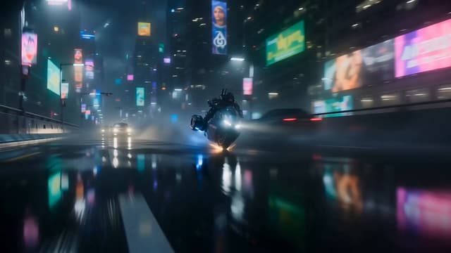 Veo Prompt - Futuristic neon-lit megacity at night during a high-speed ho