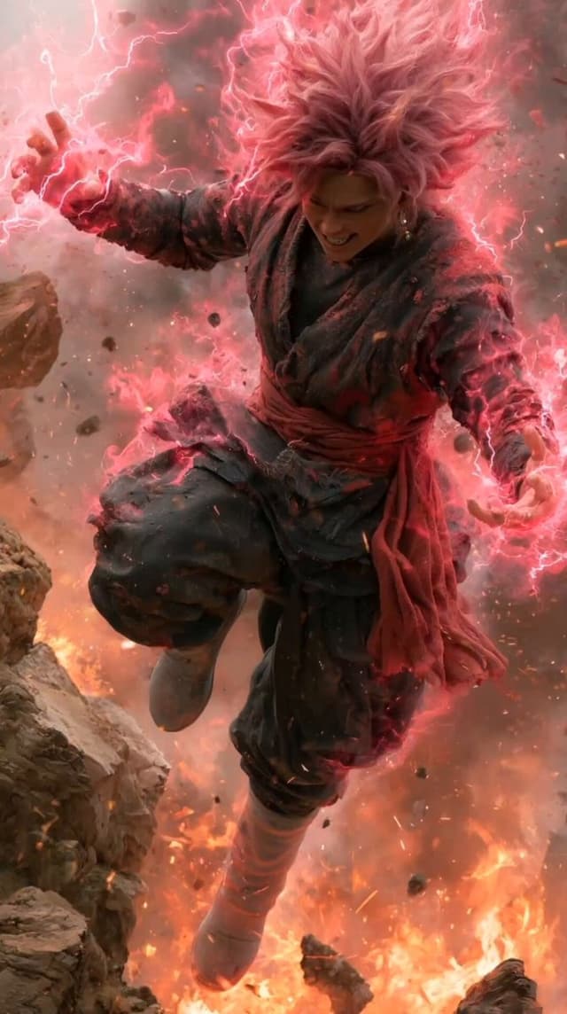 Kling Prompt - A lone warrior slowly rises into the air with pink electric 