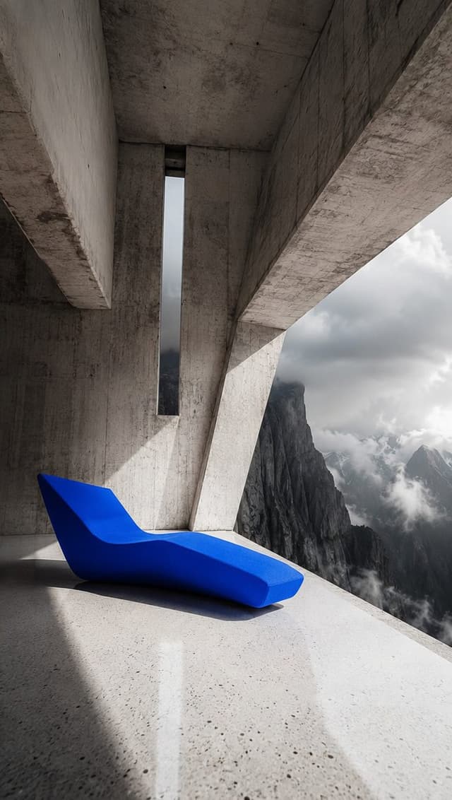 Grok Imagine Prompt - Brutalist concrete living room extending over a sheer mounta
