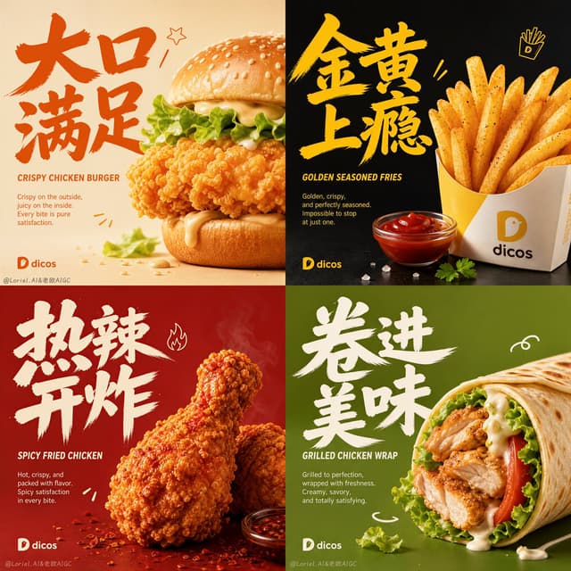 GPT Image Prompt - Create an ultra-premium 2x2 four-panel fast-food campaign po