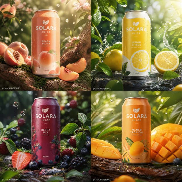GPT Image Prompt - Create an ultra-premium 2x2 four-panel fruit-juice can campa