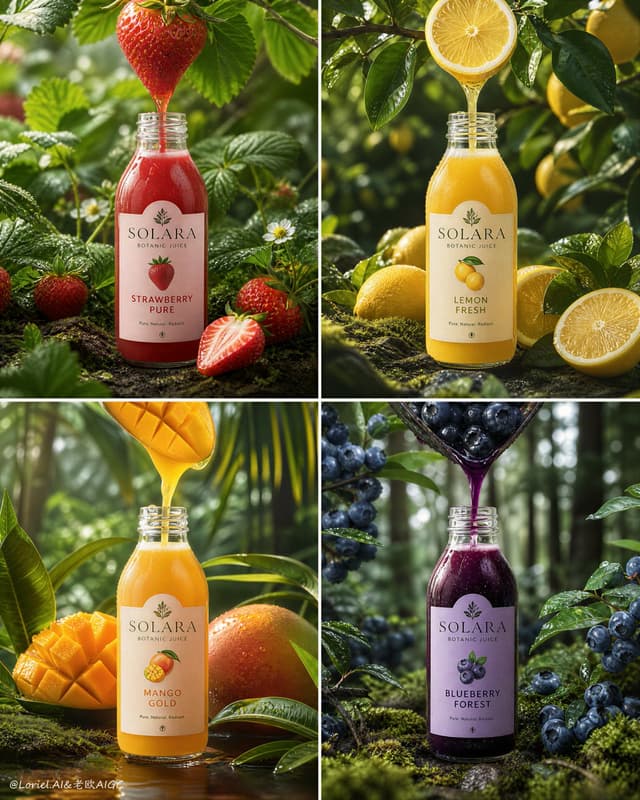 GPT Image Prompt - Create an ultra-premium 2x2 four-panel natural fruit-juice g