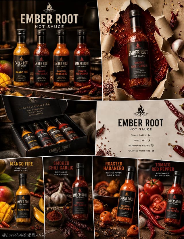 GPT Image Prompt - Create an ultra-premium irregular 8-panel hot sauce campaign
