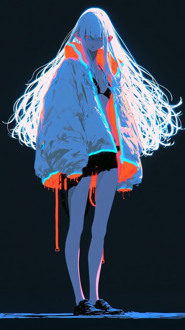 Midjourney Prompt - full body view of a mysterious anime woman, long flowing whi