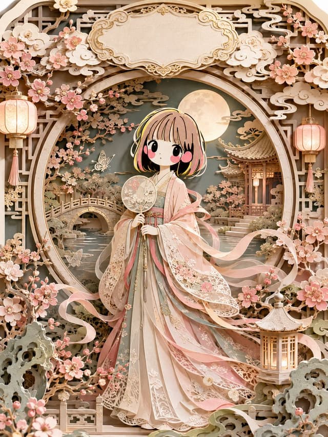 GPT Image Prompt - 【人物キャラクター】を主役に、精緻で耽美、層の重なりが豊かな東洋古典・立体切り絵アート作品を制作してください。

全体は