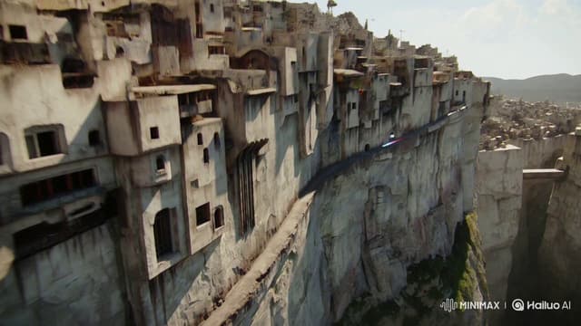MiniMax Prompt - Speeder chase across a cliff city (single continuous shot) F