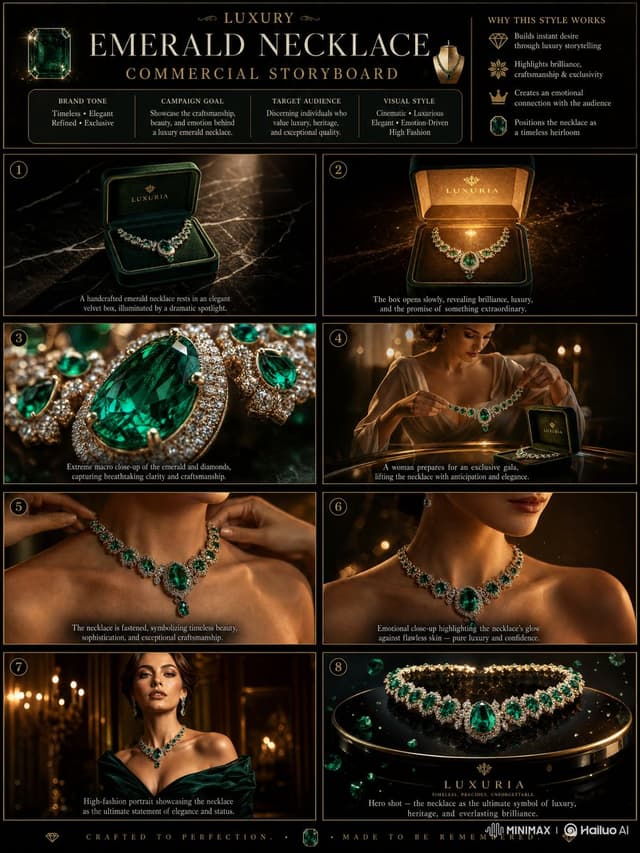 MiniMax Prompt - TITLE: Luxury Emerald Necklace Commercial Storyboard

FORMAT
