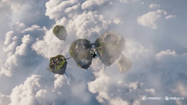 MiniMax Prompt - Skyship flight across a floating kingdom (single continuous