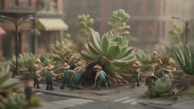 Seedance Prompt - 3D人偶微缩场景，微距摄影，柔和漫射阴天照明，浅景深细腻湿润纹理，饱和度适中的中性配色，8K超精细画质，无生硬阴影，都市温馨氛围。平视全景固定视角。画面里是一群