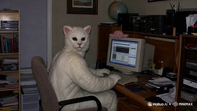 MiniMax Prompt - White cat mascot coding at 3 AM, shark onesie on the couch,