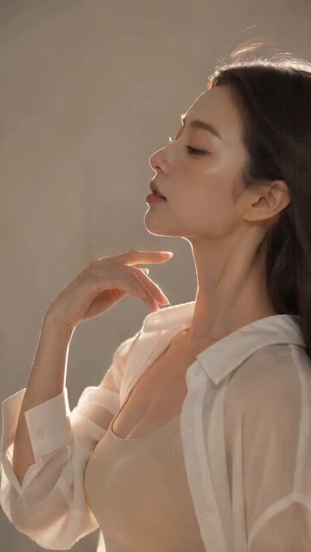 Veo Prompt - 9:16竖屏，10秒，年轻成年亚洲女性模特，单人出镜，极简暖米色摄影棚，纯色背景，画面干净，无家具、无窗户、无城市景观、