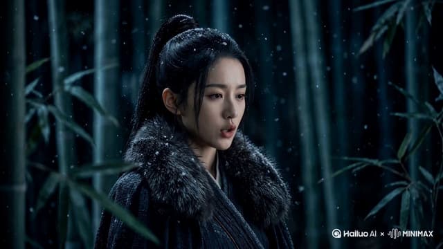 MiniMax Prompt - A 16:9 cinematic wuxia mystery set in a bamboo forest at nig