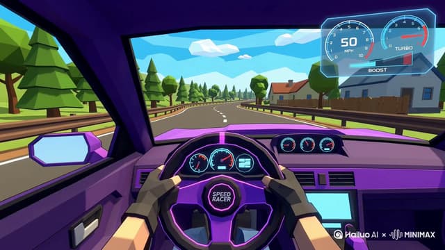MiniMax Prompt - First-person “Speed Racer” POV in low-poly glory: purple coc