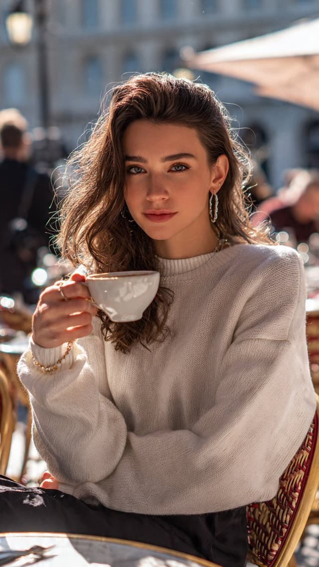 Midjourney Prompt - A cinematic outdoor cafe scene capturing a graceful woman se