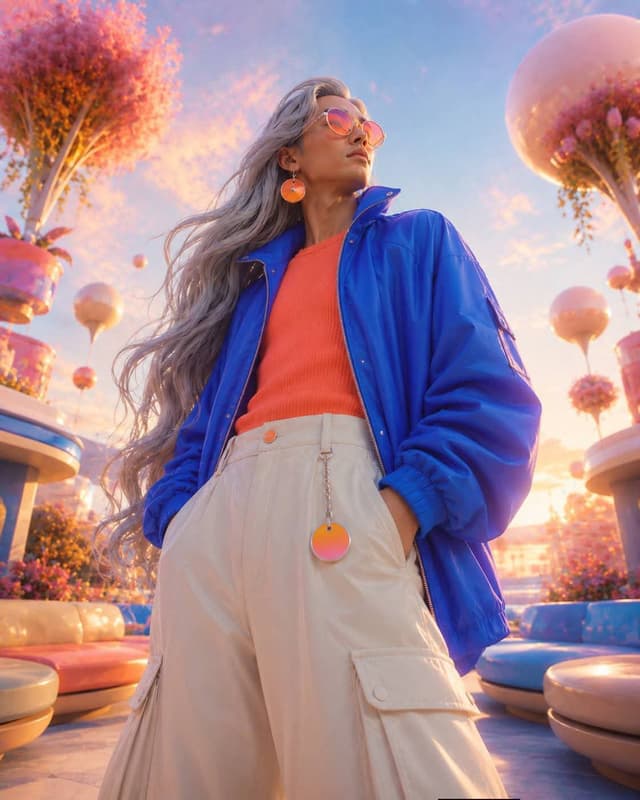 GPT Image Prompt - Low-angle surreal fashion portrait of [CHARACTER] with [HAIR