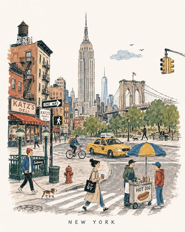 GPT Image Prompt - Mid-century travel picture-book illustrations of American ci