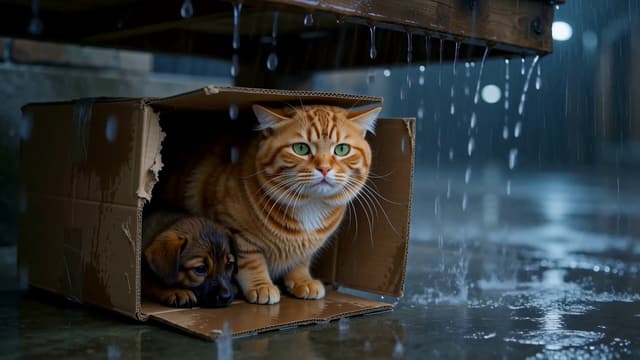 MiniMax Prompt - Popo, a cat, finds a puppy abandoned in a cardboard box unde