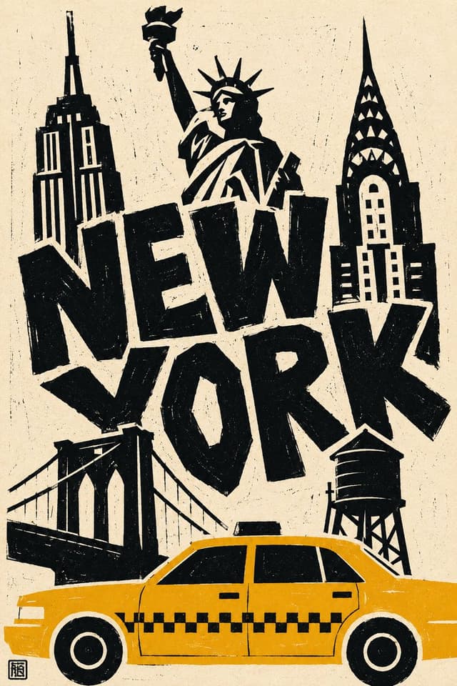 Midjourney Prompt - Create a bold {NEW YORK} travel poster in a linocut / paper-