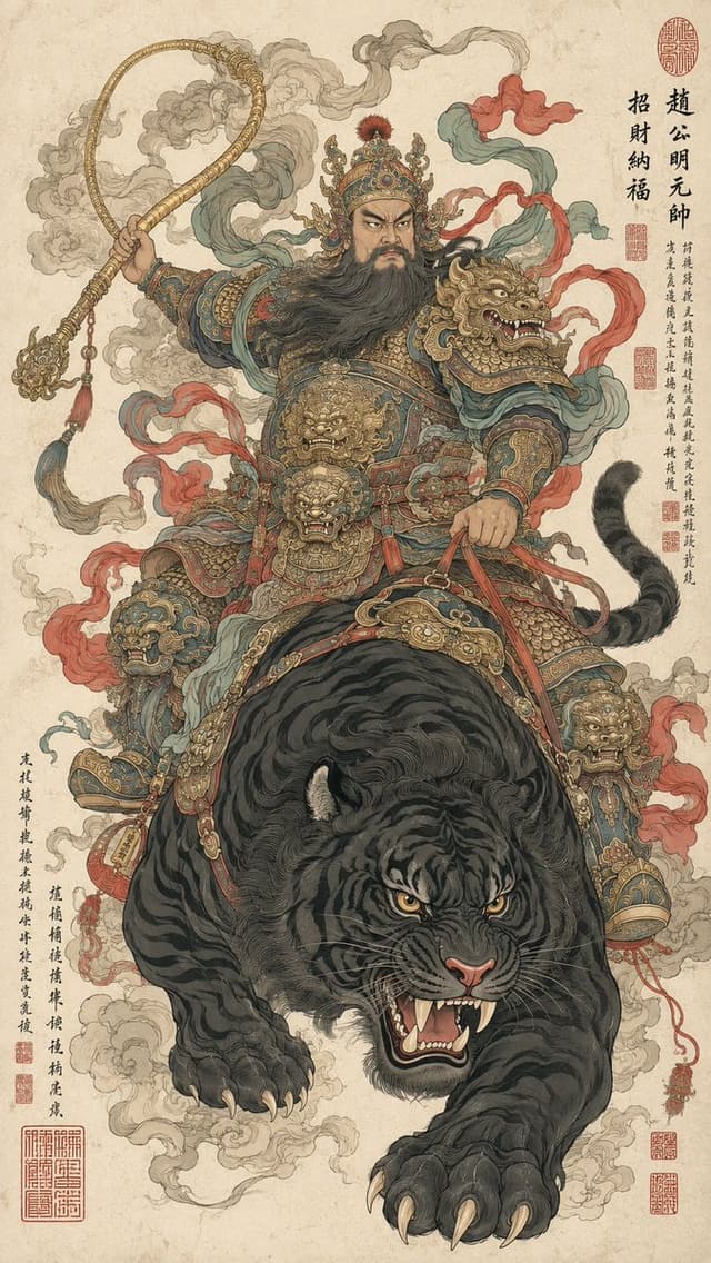 GPT Image Prompt - 生成一张东方神祇御兽圣像插画,整体融合中国传统神像画、工笔重彩、白描线刻、民俗版画与古籍圣像图卷的视觉语言。
画面以“