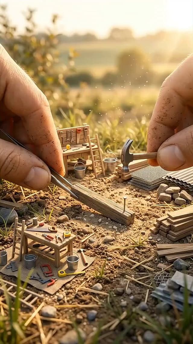 Veo Prompt - Create a highly realistic macro miniature construction video